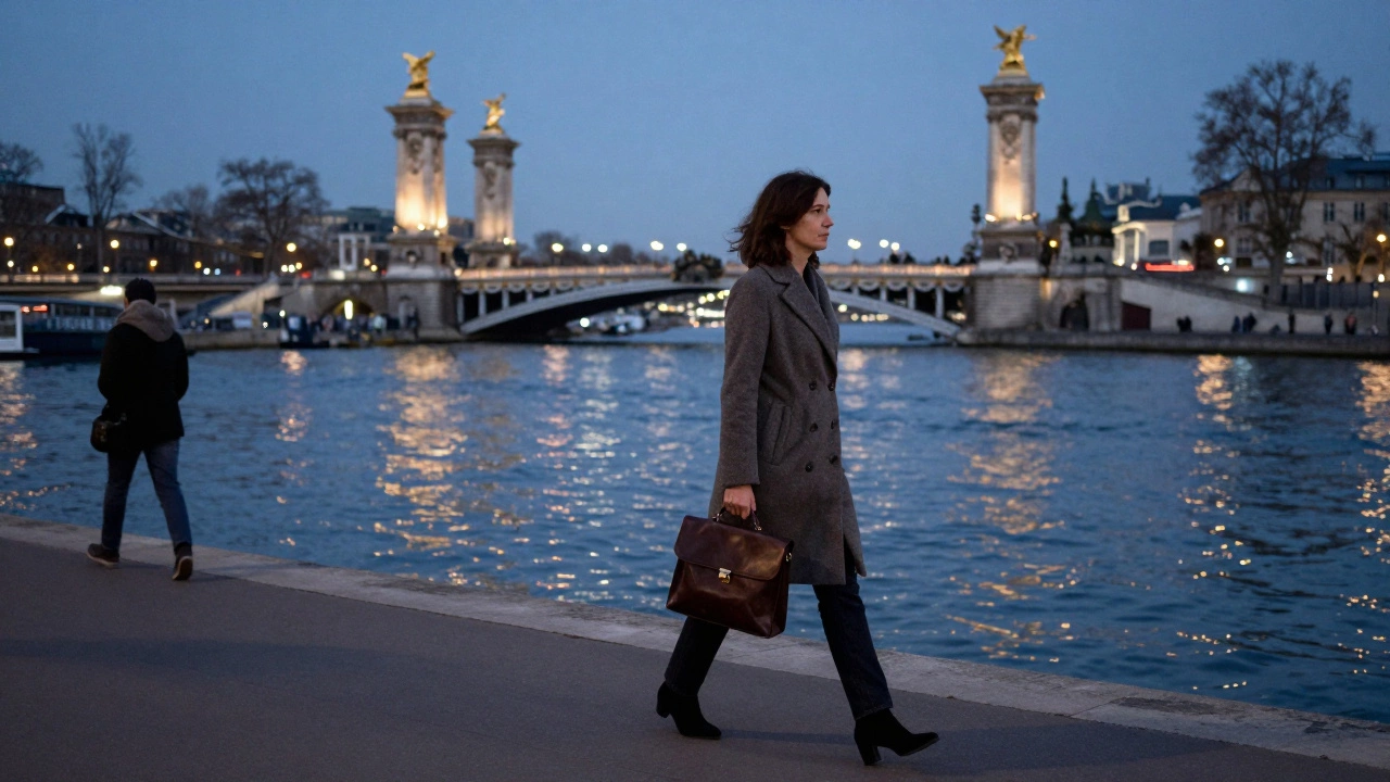 A woman walking alone along the Seine at twilight, calm and composed, city lights reflecting on the water.